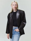 Womens Leather Collarless Jacket