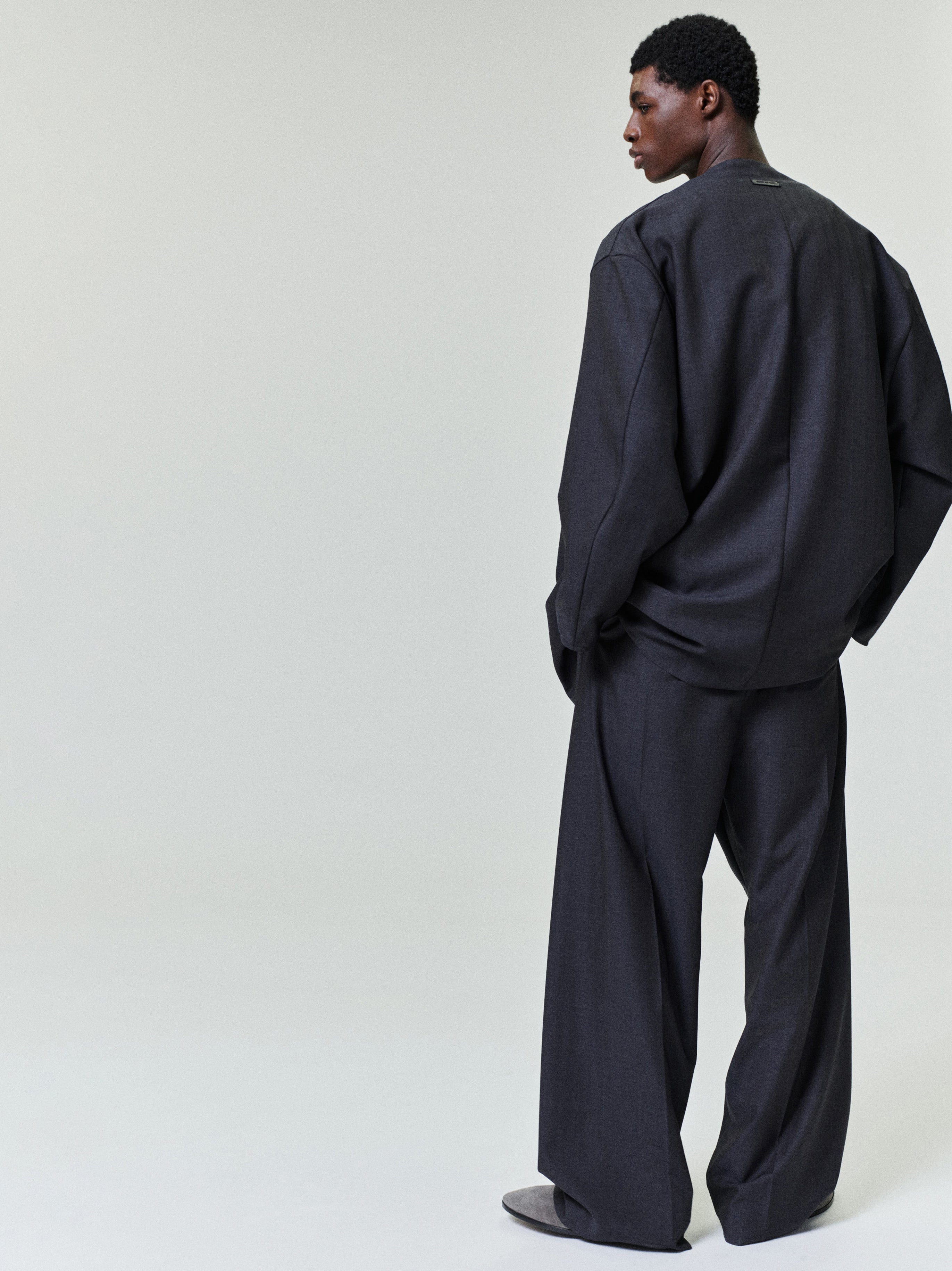Grey Striped Wool Collarless Sport Jacket