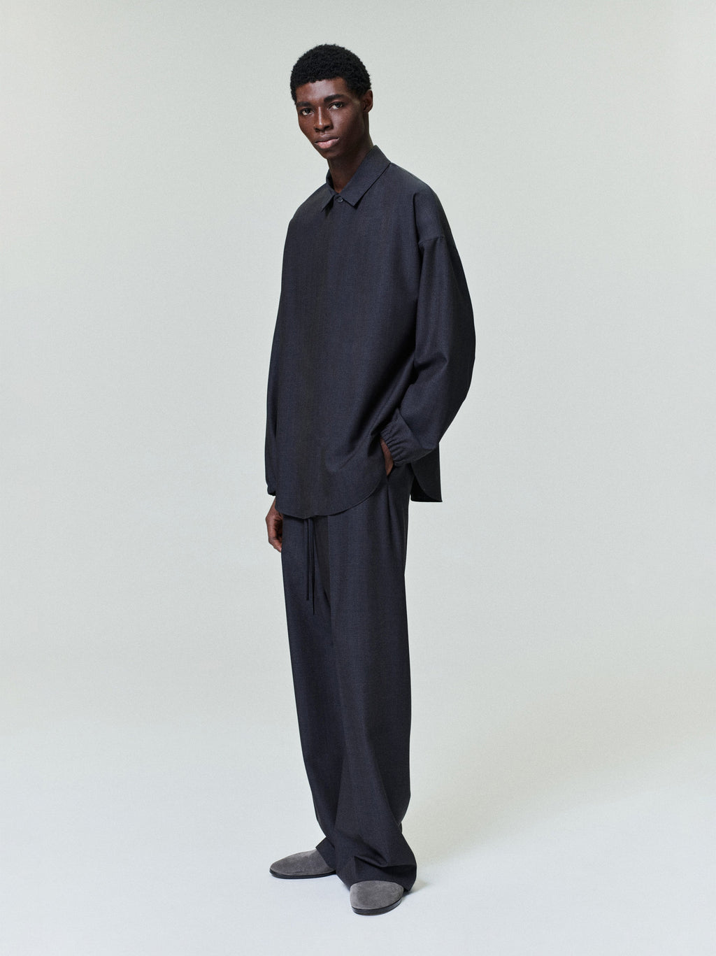 Grey Striped Wool Wide Leg Drawstring Pants