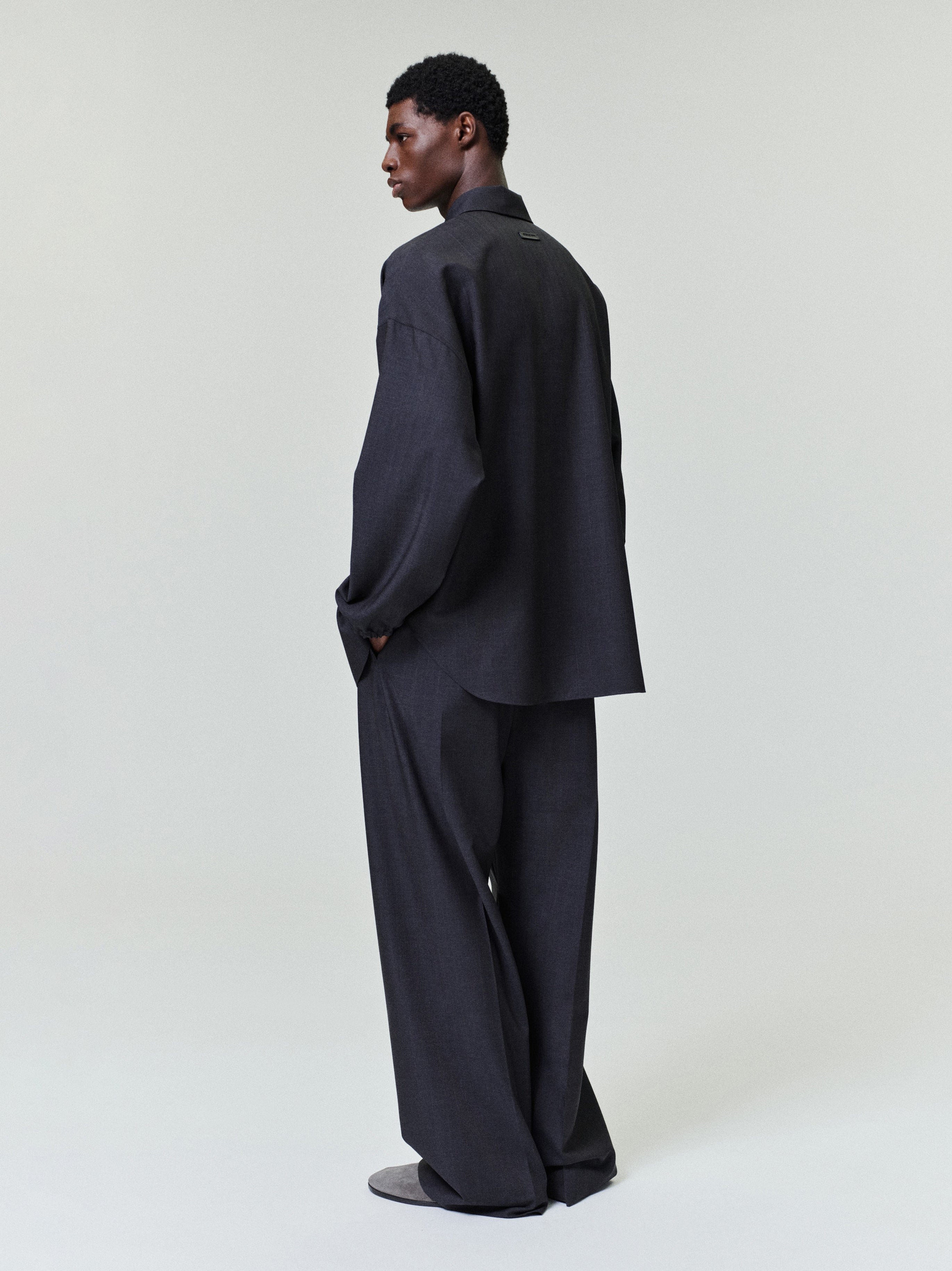 Grey Striped Wool Elastic Cuff Shirt