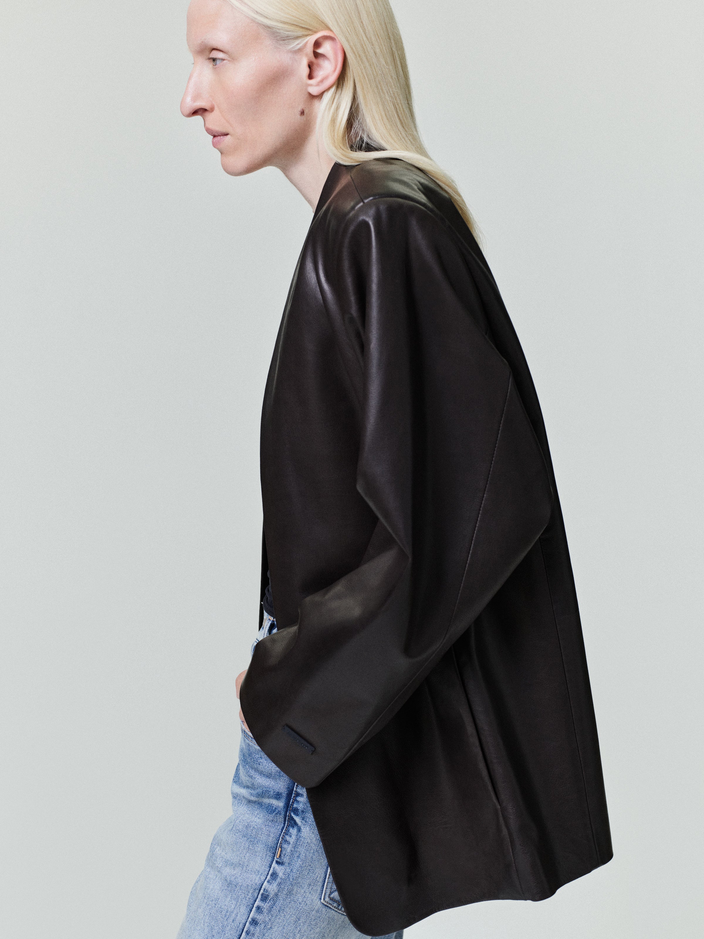 Womens Leather Collarless Jacket
