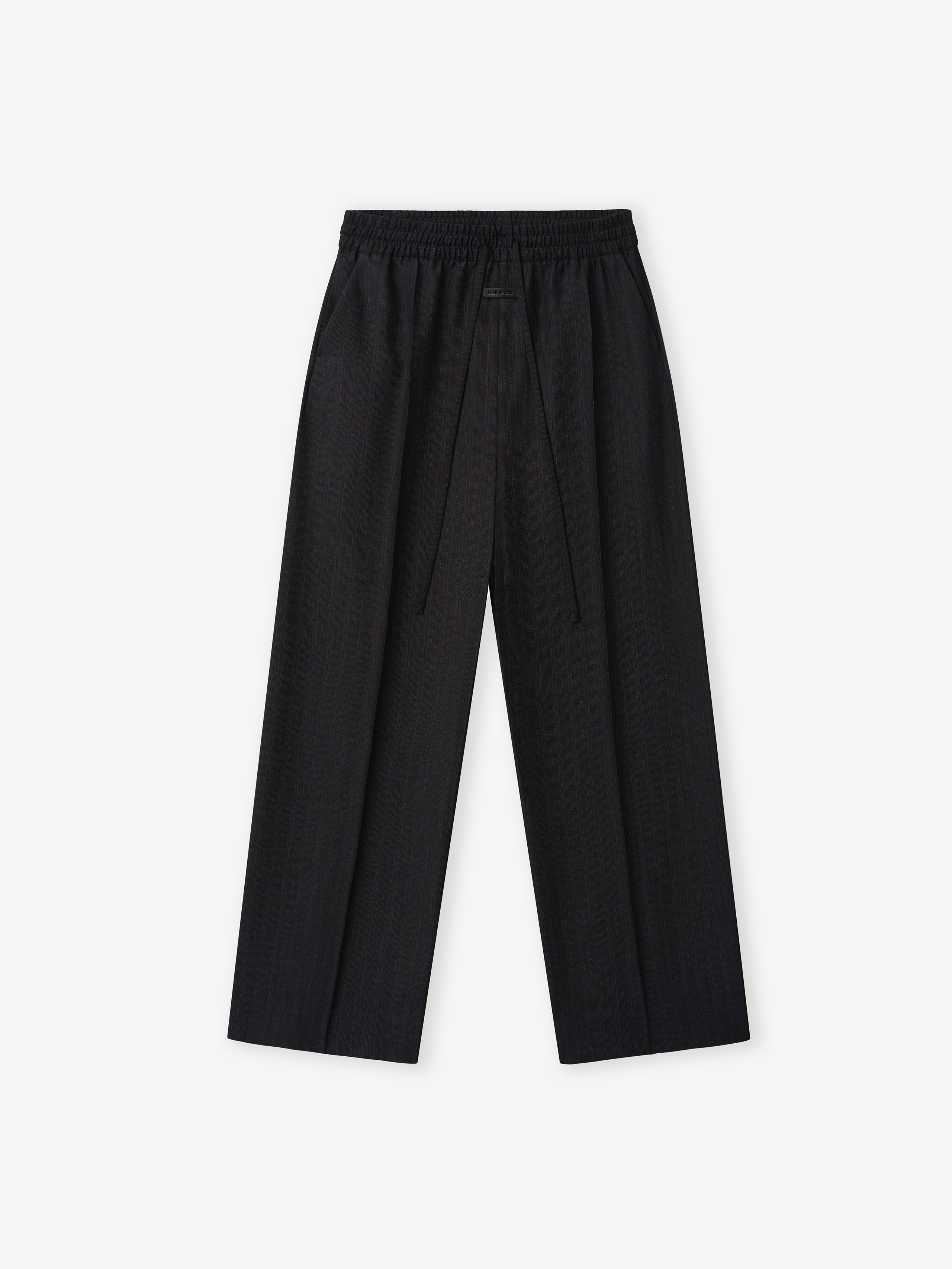 Black Striped Wool Wide Leg Drawstring Pants