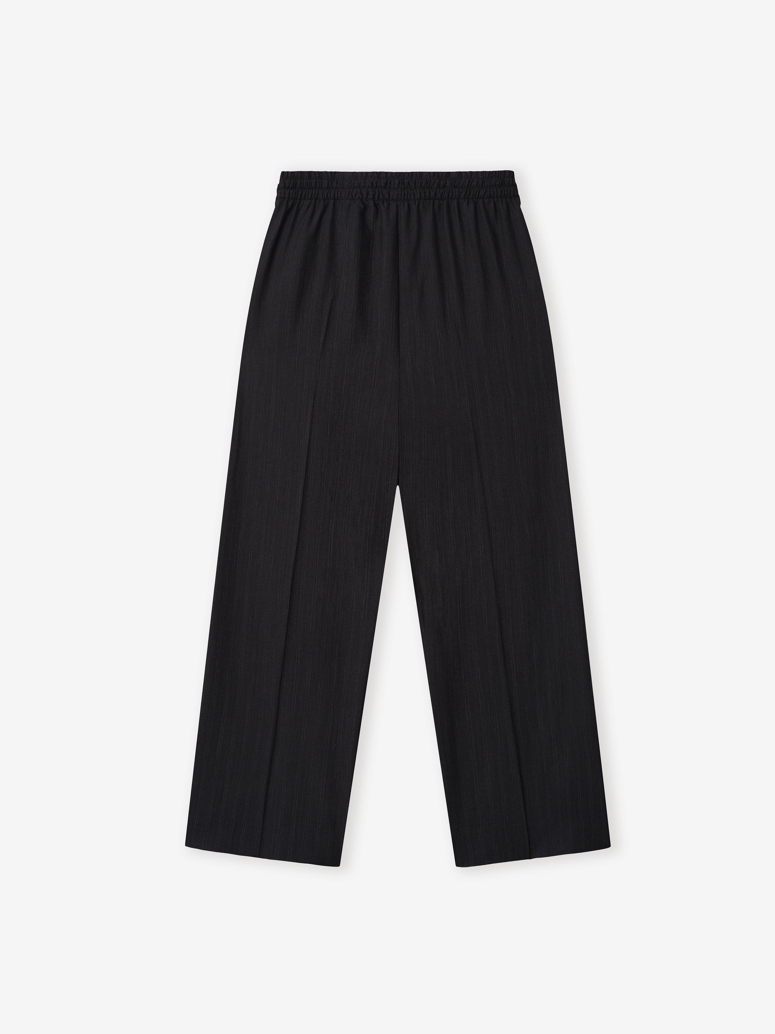 Black Striped Wool Wide Leg Drawstring Pants